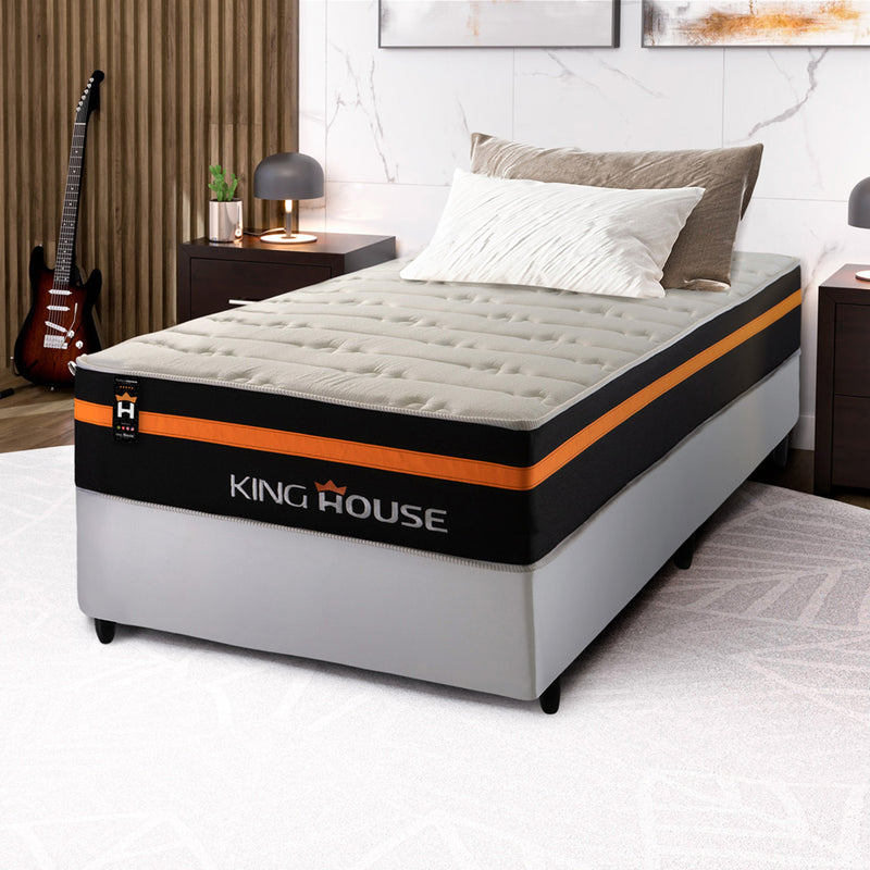 Conjunto Cama Box Branco c/ Molas Ensacadas Sirius Preto Solteiro 96x203x65