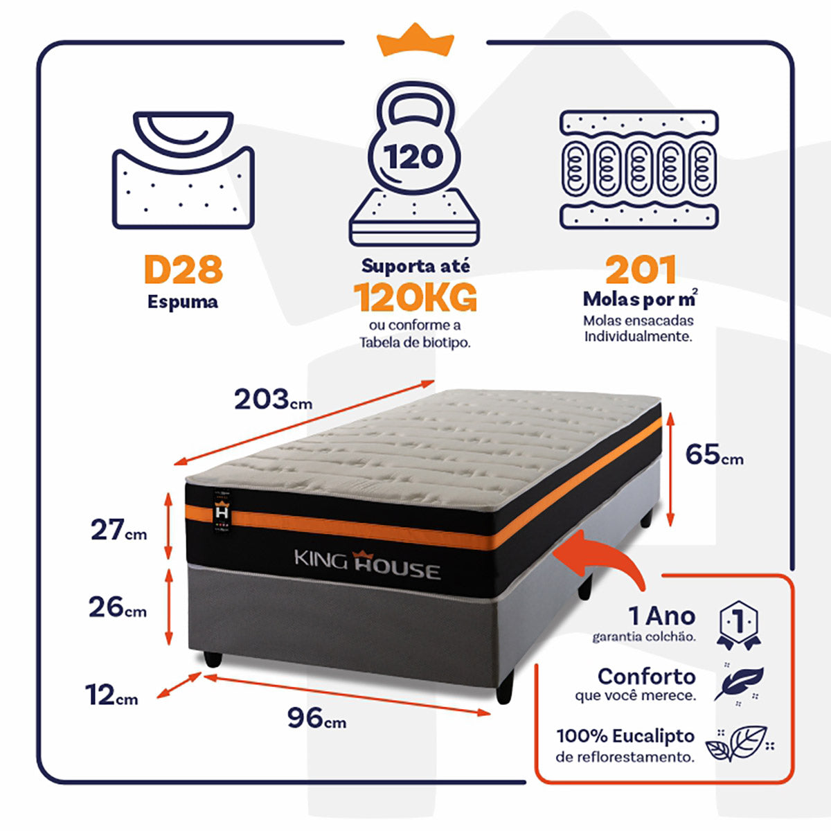 Cama Box Molas Ensacadas Sirius Solteirão 96x203 King House