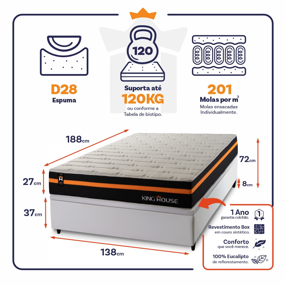 Cama Box Baú Sirius 138x188 c/ Molas Ensacadas King House