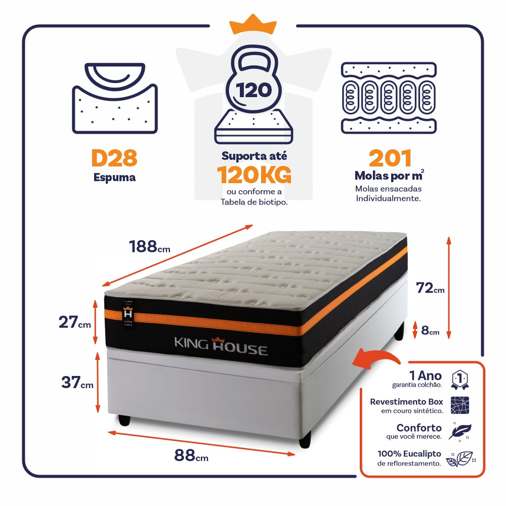 Cama Box Baú Sirius 88x188 c/ Molas Ensacadas King House