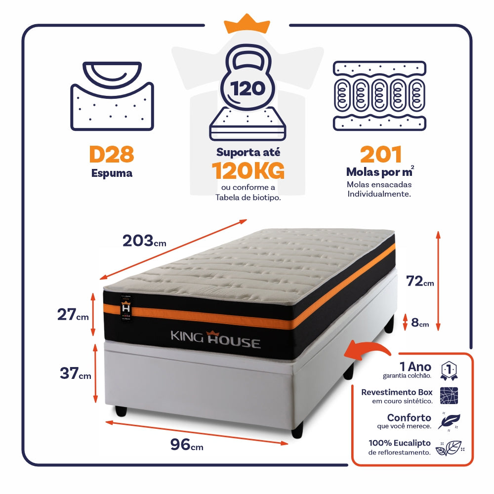 Cama Box Baú Sirius 96x203 c/ Molas Ensacadas King House
