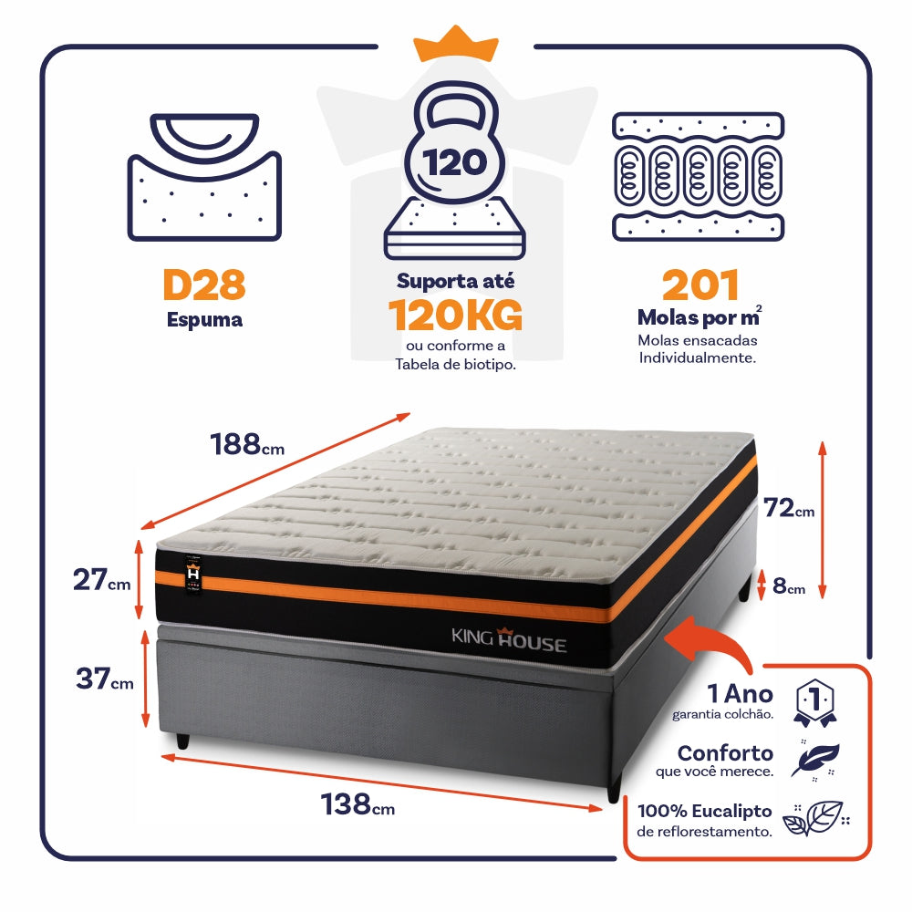 Cama Box Baú Sirius 138x188 c/ Molas Ensacadas King House