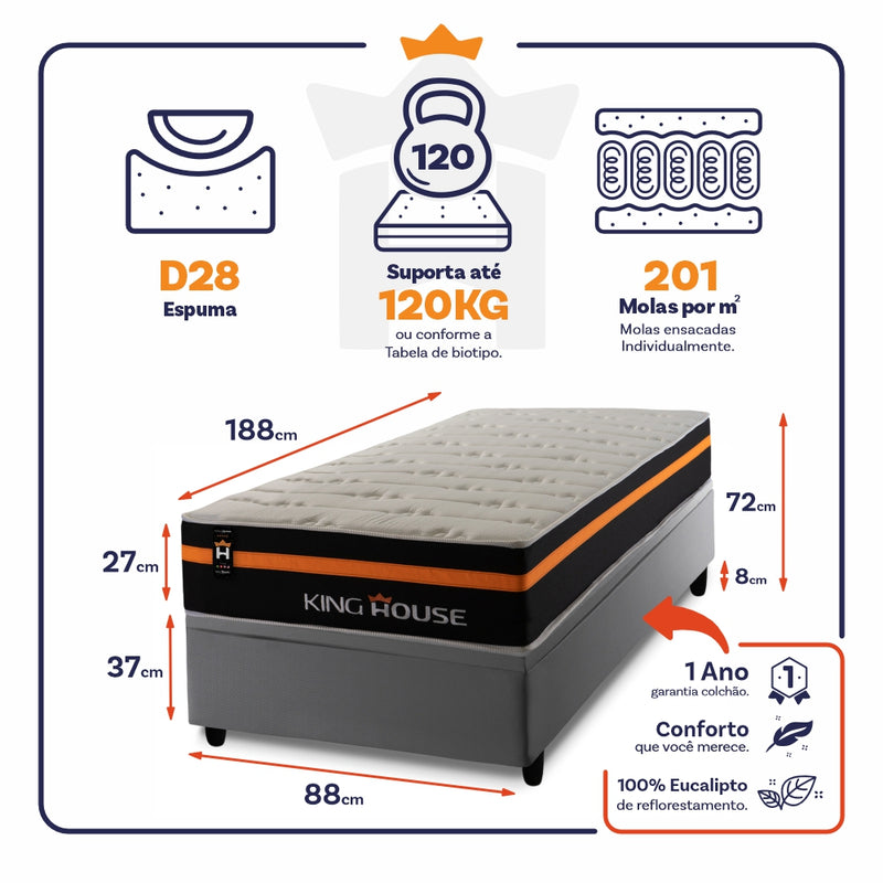 Cama Box Baú Sirius 88x188 c/ Molas Ensacadas King House