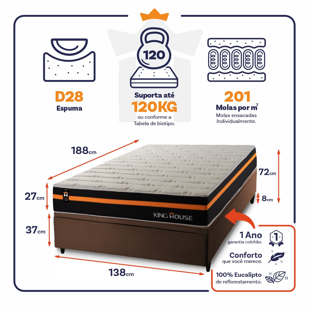 Cama Box Baú Sirius 138x188 c/ Molas Ensacadas King House