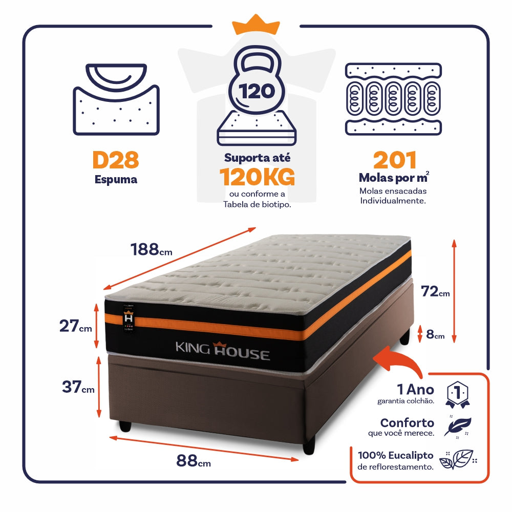 Cama Box Baú Sirius 88x188 c/ Molas Ensacadas King House