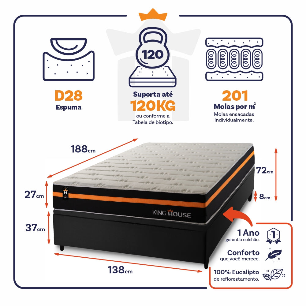 Cama Box Baú Sirius 138x188 c/ Molas Ensacadas King House