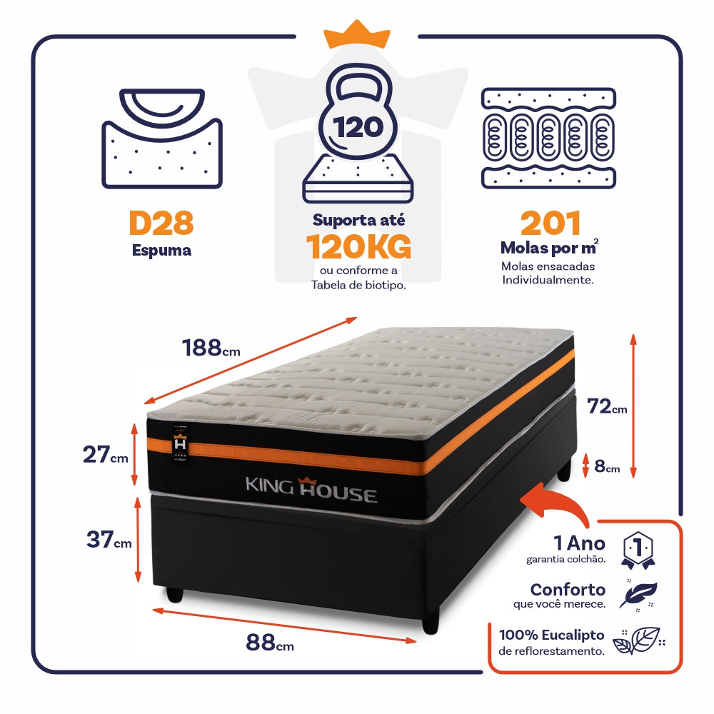 Cama Box Baú Sirius 88x188 c/ Molas Ensacadas King House