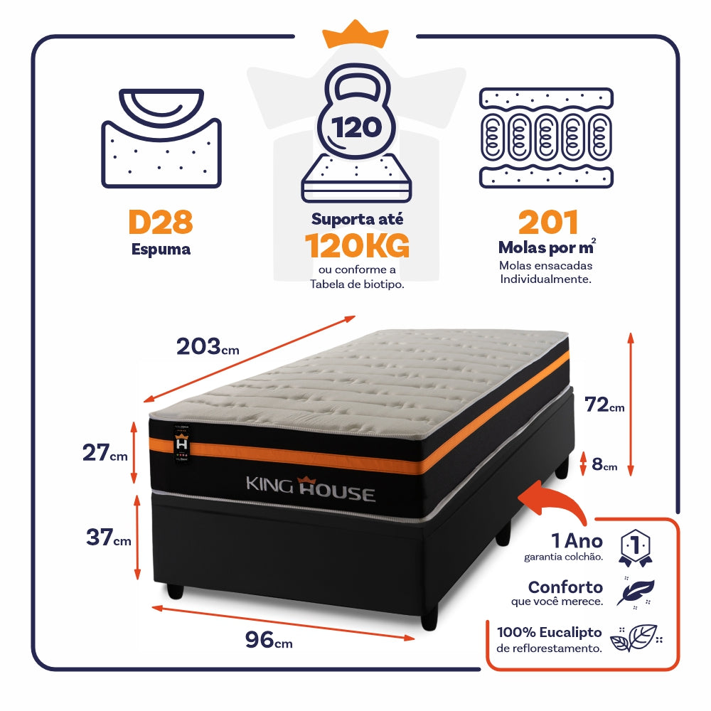 Cama Box Baú Sirius 96x203 c/ Molas Ensacadas King House