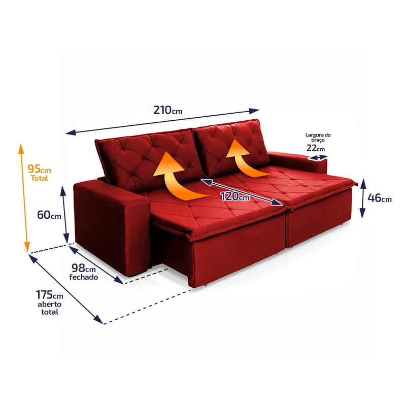 Sofá Cama Bangkok Sem Caixa 2,10m Retrátil e Reclinável Com Molas Velut Vermelho