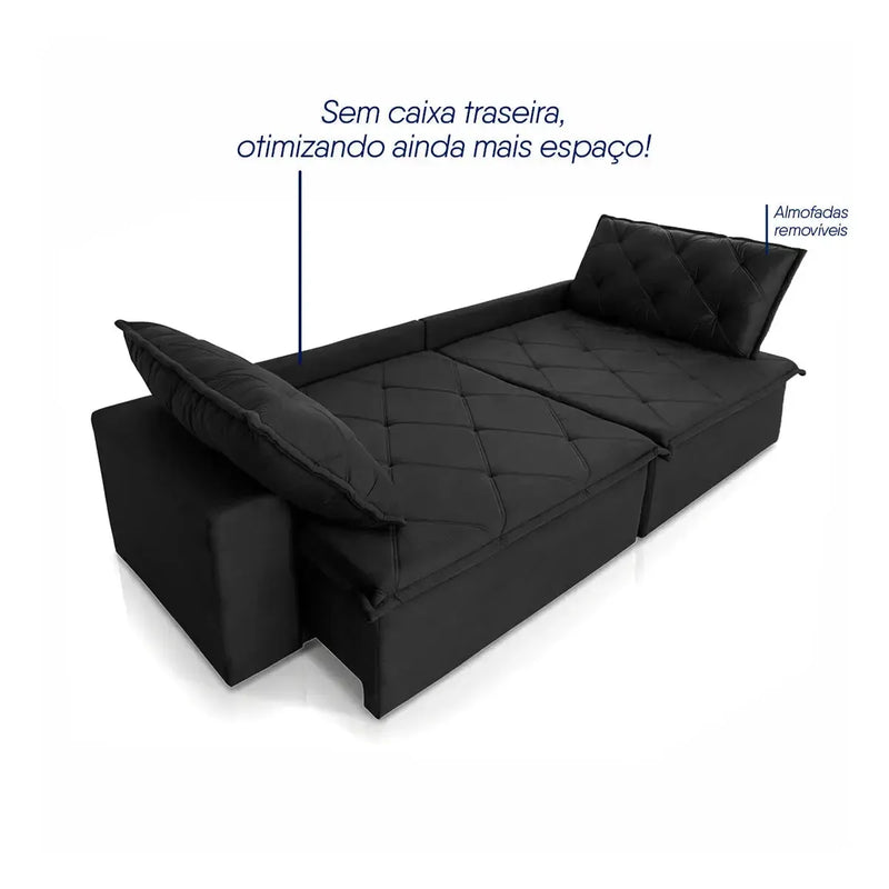 Sofá Cama Bangkok Sem Caixa 2,30m Retrátil e Reclinável Com Molas Velut Preto