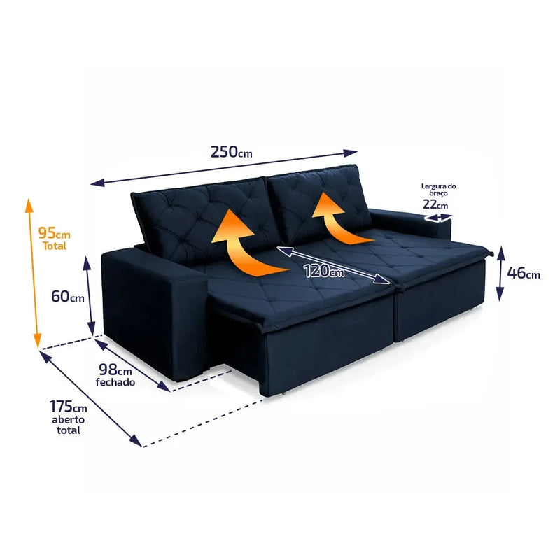 Sofá Cama Bangkok Sem Caixa 2,50m Retrátil e Reclinável Com Molas Velut Azul