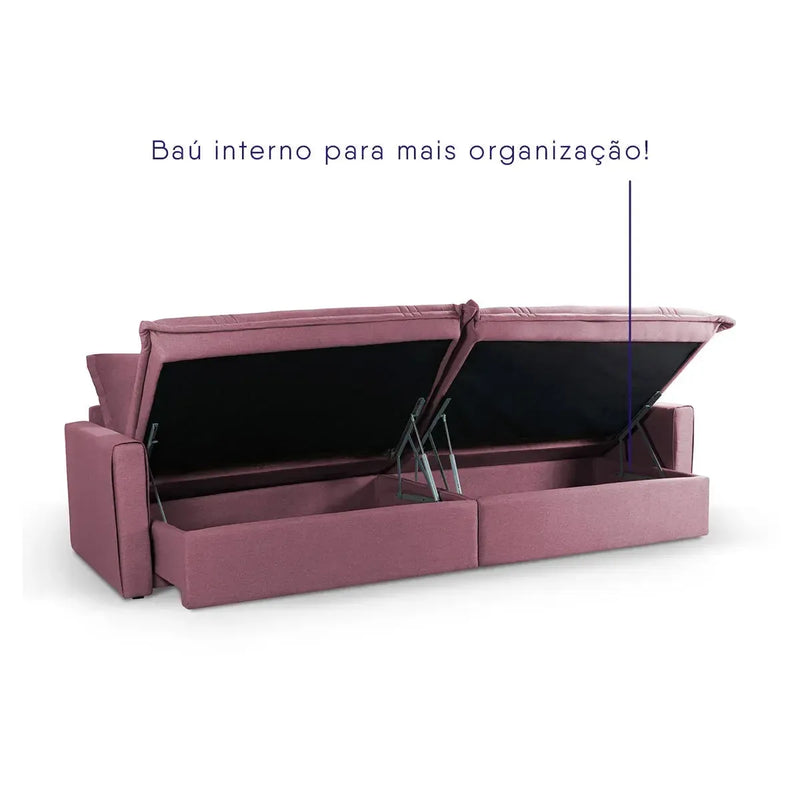 Sofá Cama Baú Ravello Sem Caixa 2,76m Linho Rose 3 Lugares