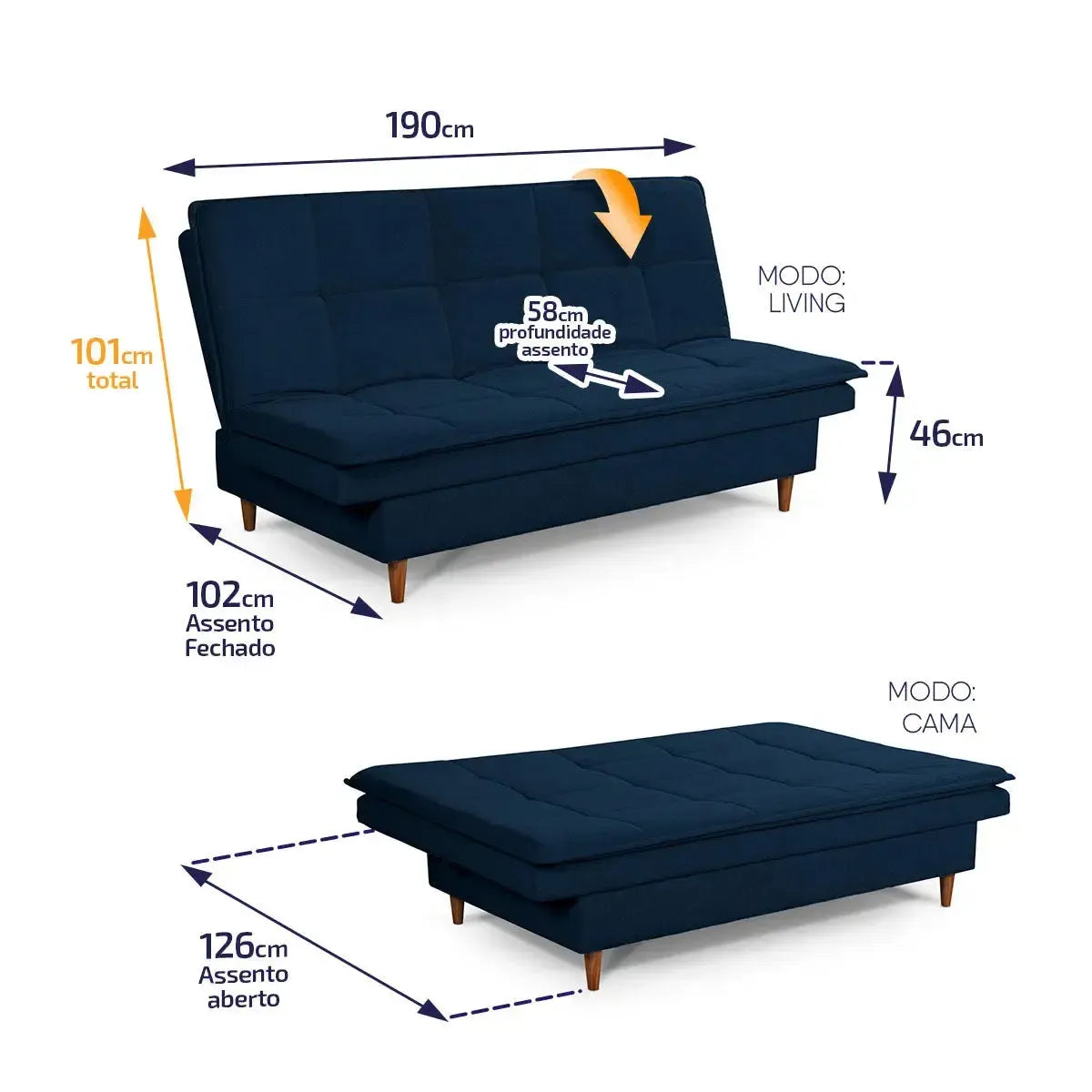 Sofá Cama Estoril 1,90m Azul Suede Velut
