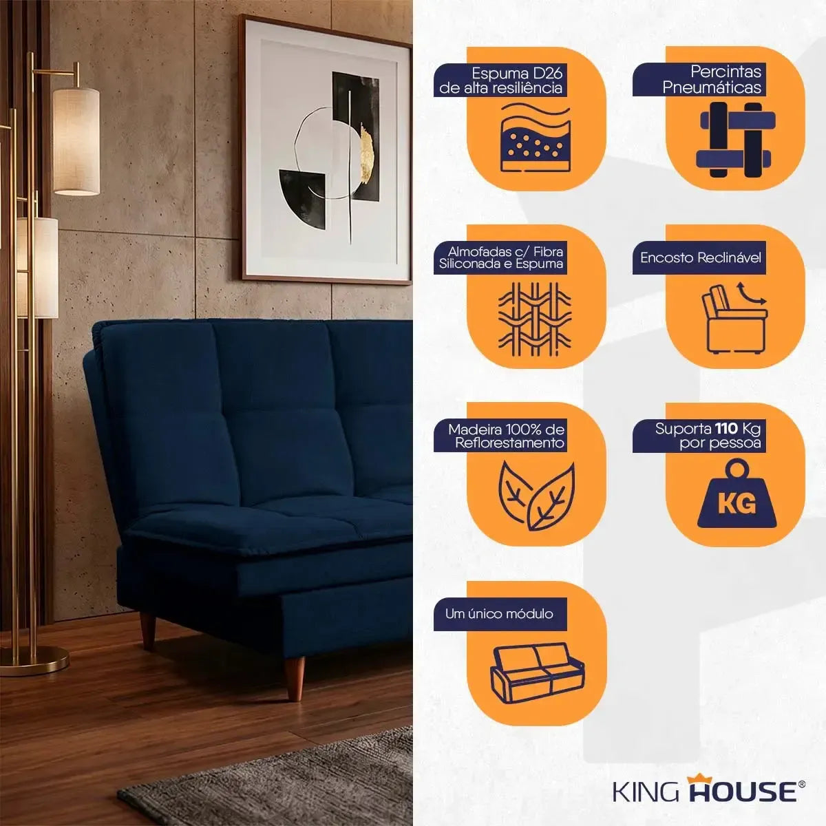 Sofá Cama Estoril 1,90m Azul Suede Velut
