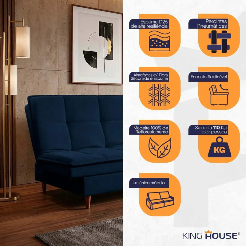 Sofá Cama Estoril 1,90m Azul Suede Velut