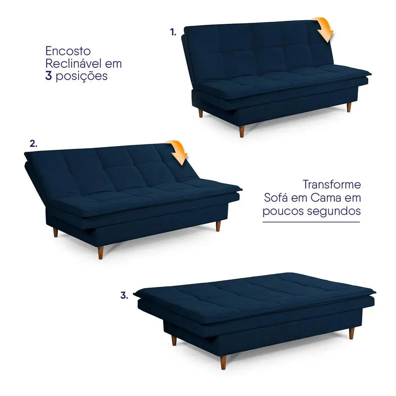 Sofá Cama Estoril 1,90m Azul Suede Velut