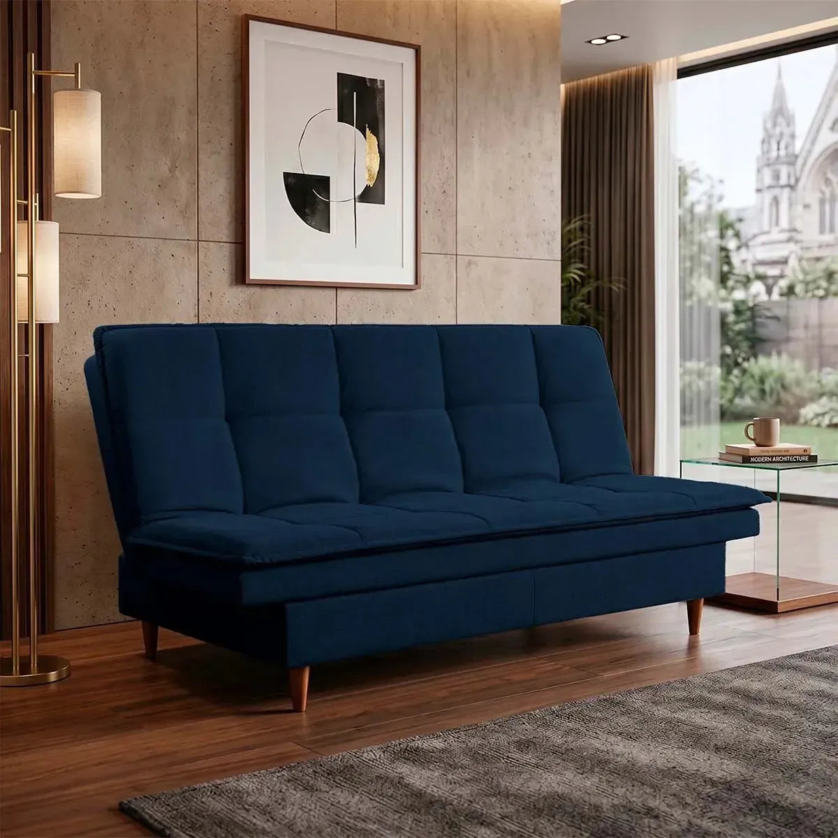 Sofá Cama Estoril 1,90m Azul Suede Velut