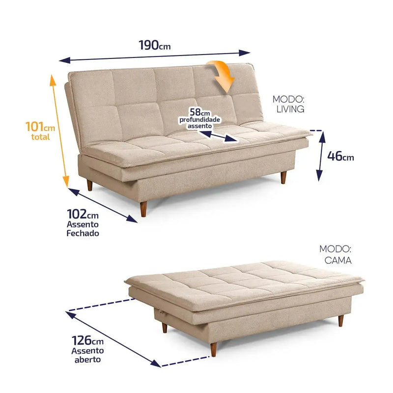 Sofá Cama Estoril 1,90m Bege Suede Velut