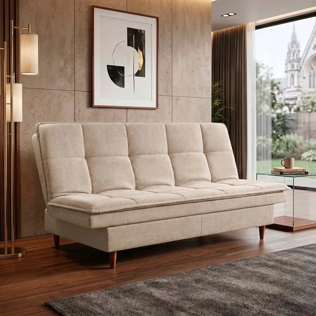 Sofá Cama Estoril 1,90m Bege Suede Velut