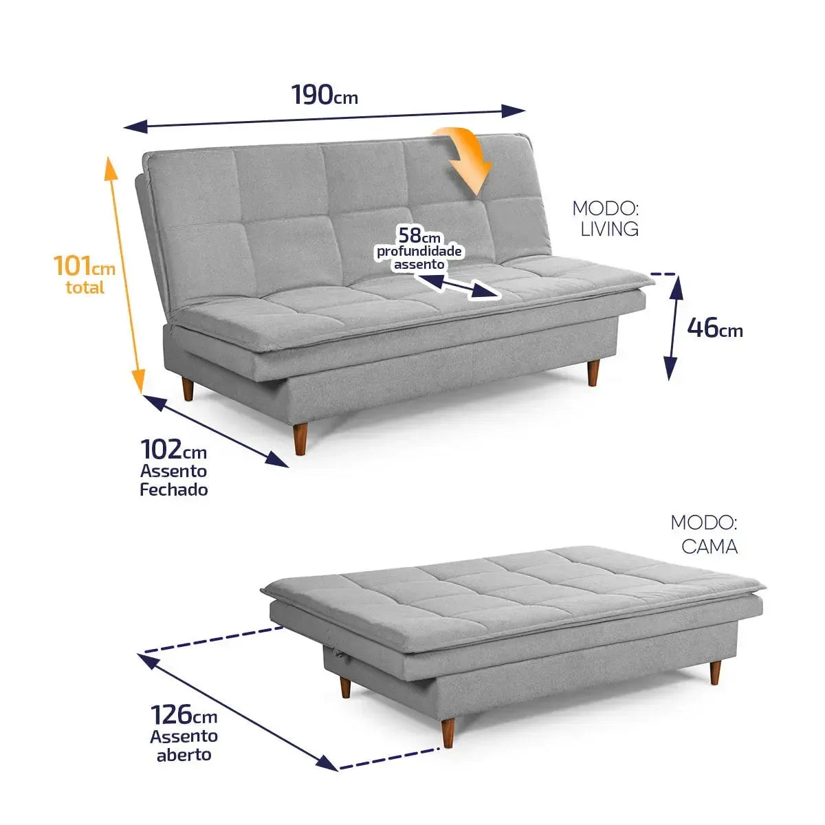 Sofá Cama Estoril 1,90m Cinza Suede Velut
