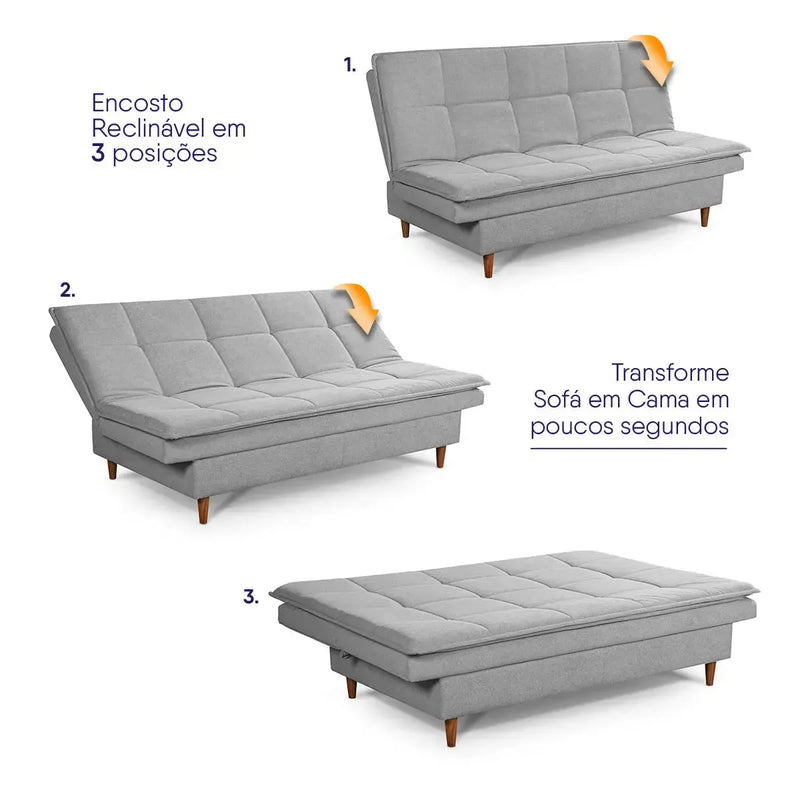 Sofá Cama Estoril 1,90m Cinza Suede Velut