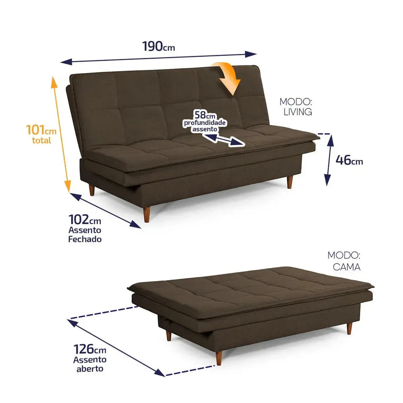 Sofá Cama Estoril 1,90m Marrom Suede Velut