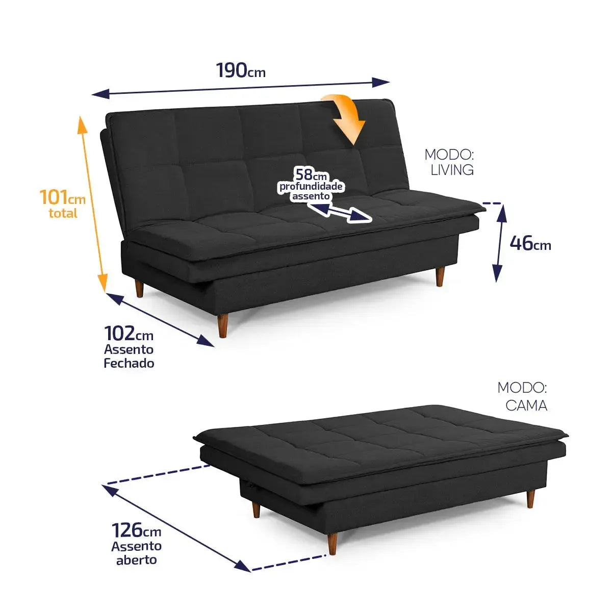 Sofá Cama Estoril 1,90m Preto Suede Velut