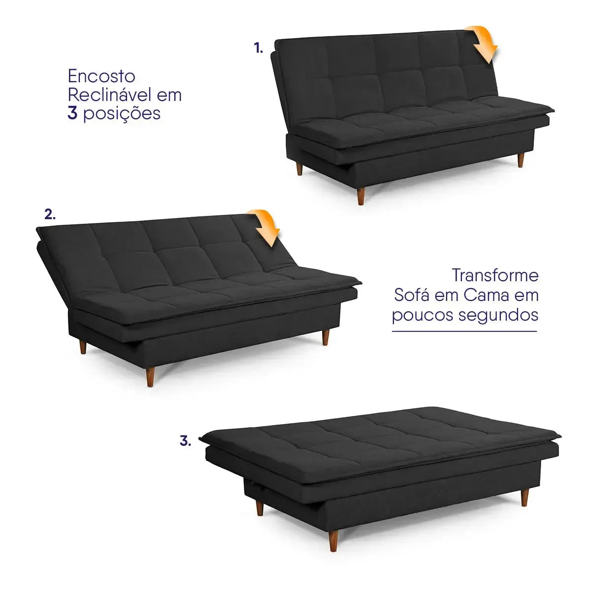 Sofá Cama Estoril 1,90m Preto Suede Velut