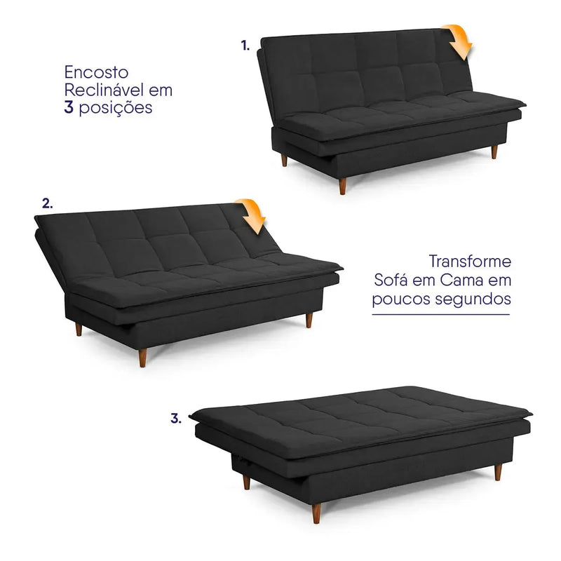 Sofá Cama Estoril 1,90m Preto Suede Velut