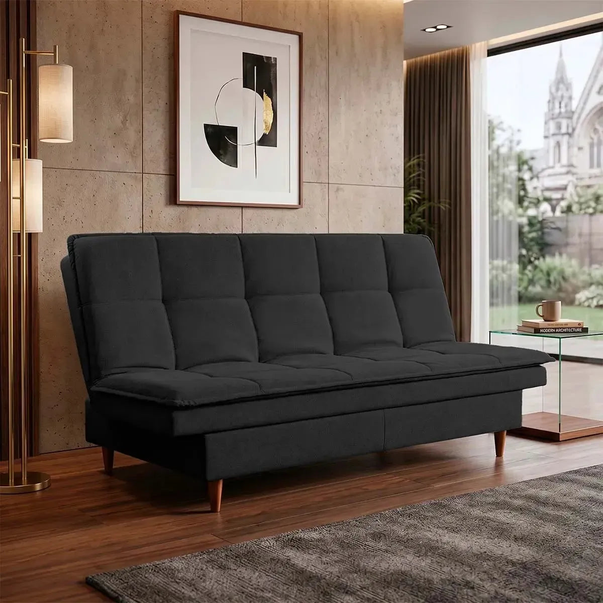 Sofá Cama Estoril 1,90m Preto Suede Velut