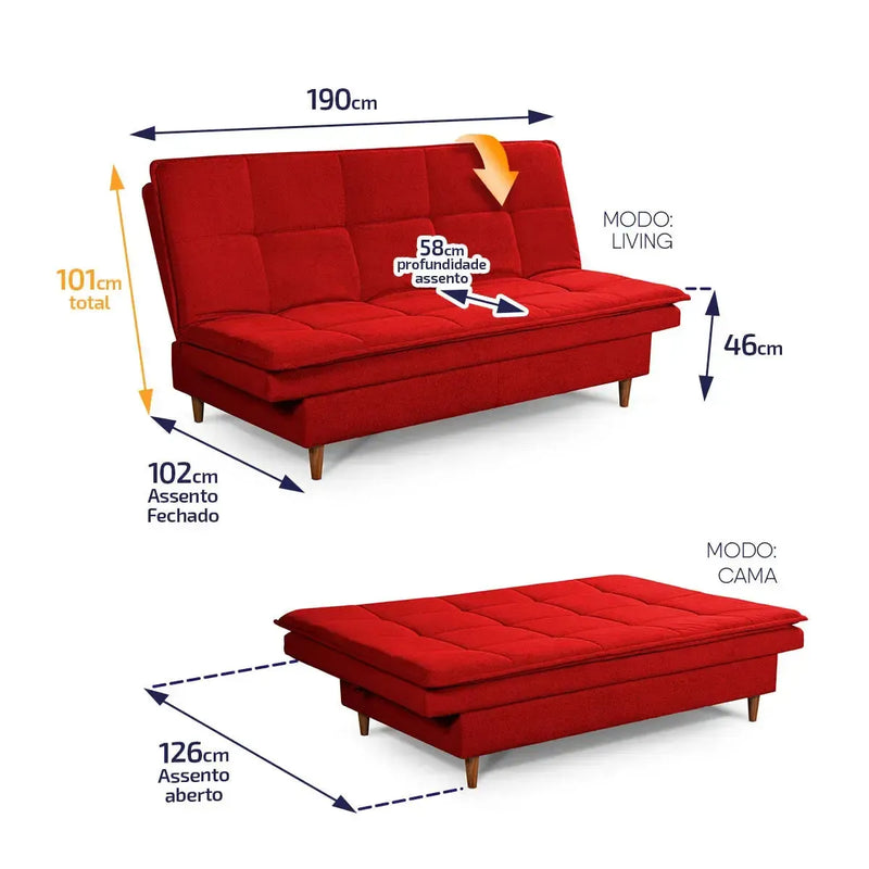 Sofá Cama Estoril 1,90m Vermelho Suede Velut