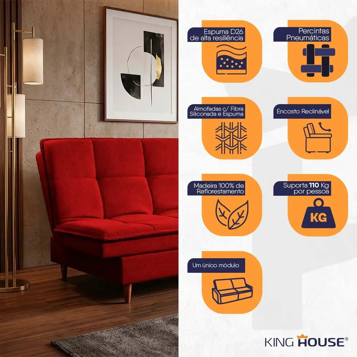 Sofá Cama Estoril 1,90m Vermelho Suede Velut