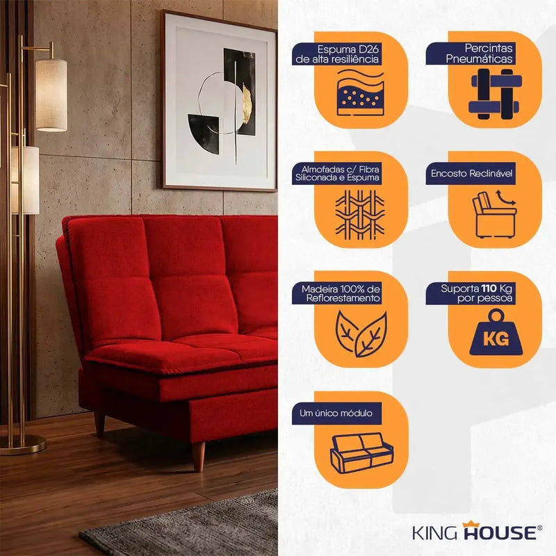 Sofá Cama Estoril 1,90m Vermelho Suede Velut