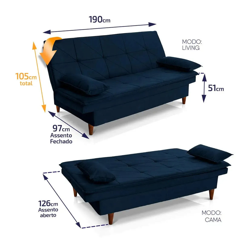 Sofá Cama Pérsia 3 Lugares Suede Velut Azul Marinho