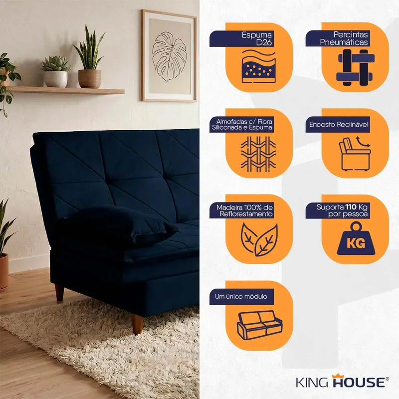 Sofá Cama Pérsia 3 Lugares Suede Velut Azul Marinho