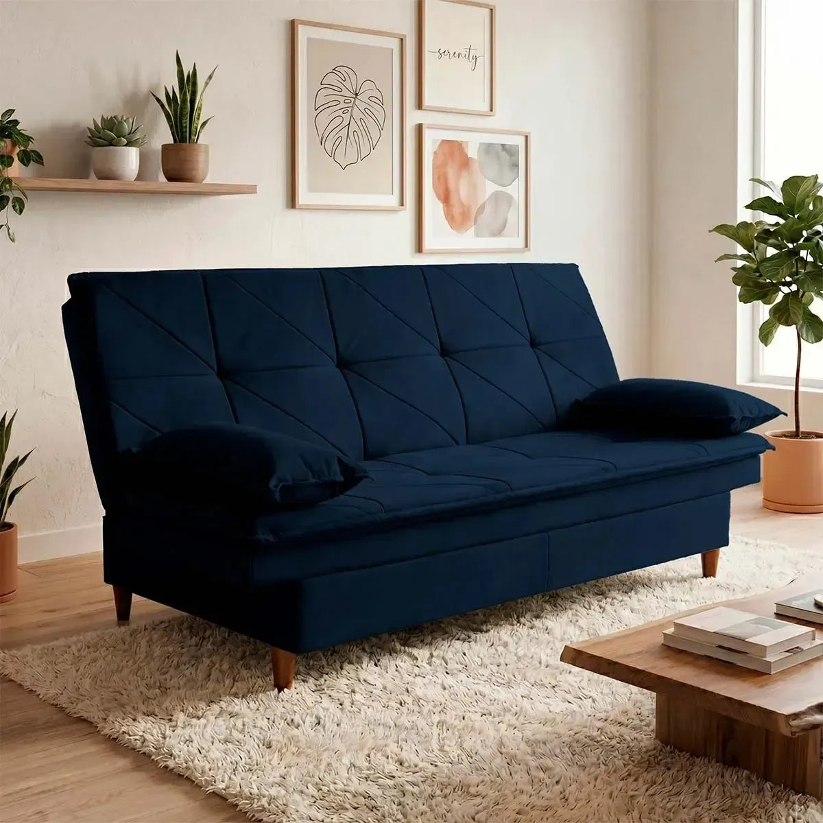 Sofá Cama Pérsia 3 Lugares Suede Velut Azul Marinho