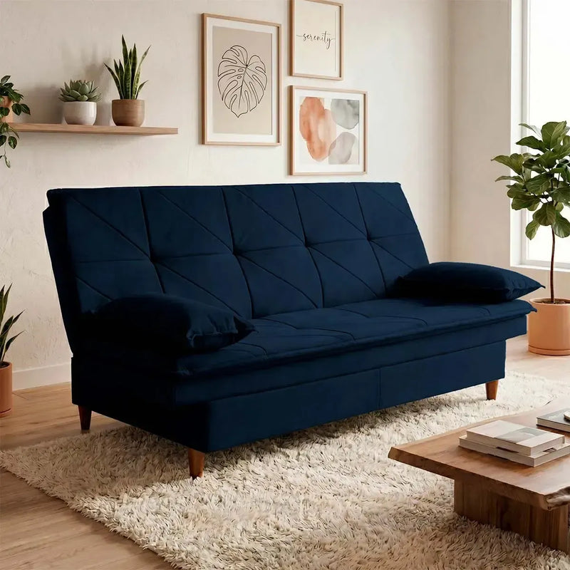 Sofá Cama Pérsia 3 Lugares Suede Velut Azul Marinho