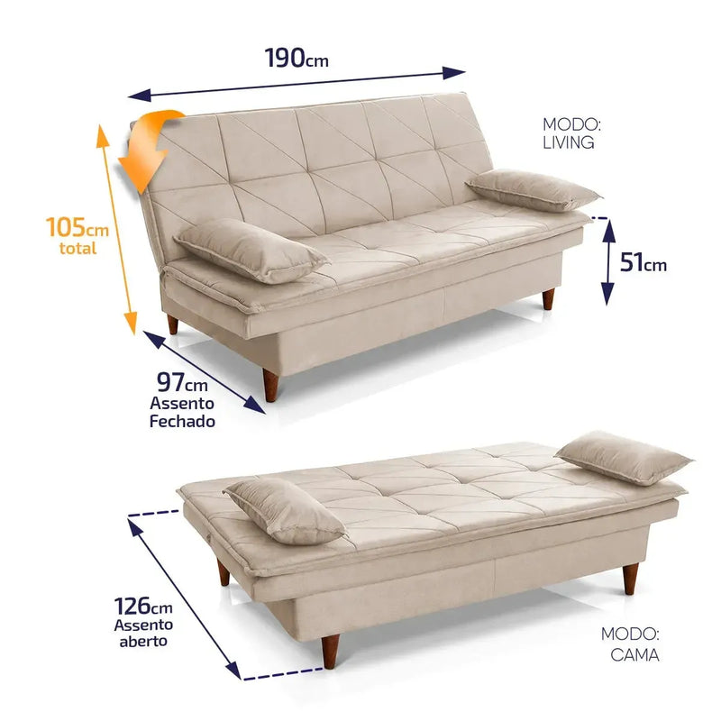 Sofá Cama Pérsia 3 Lugares Suede Velut Bege