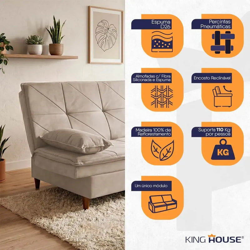 Sofá Cama Pérsia 3 Lugares Suede Velut Bege