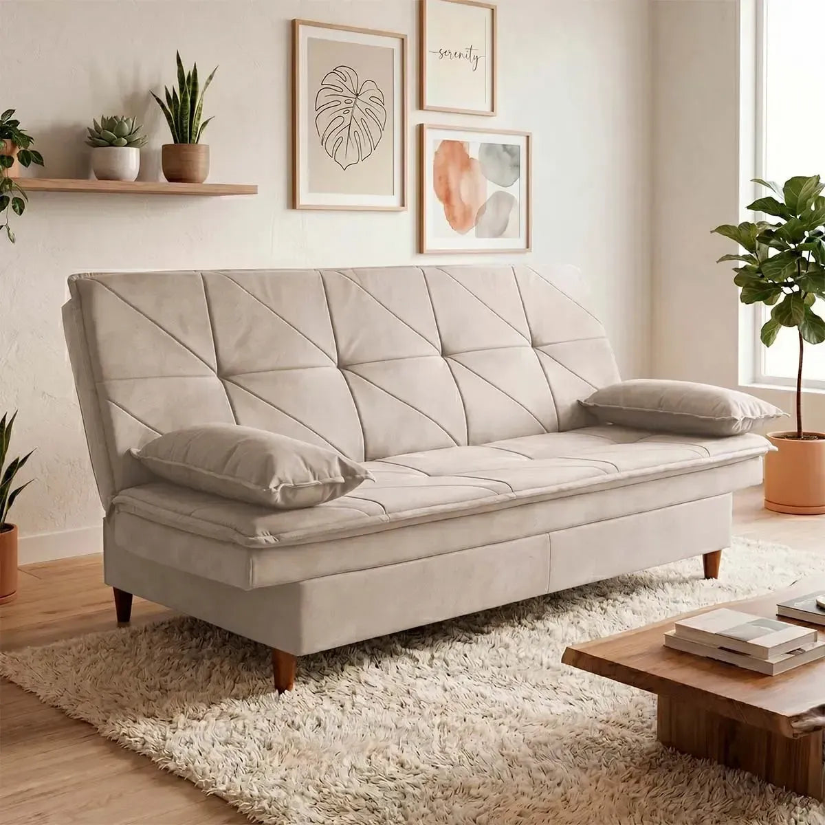 Sofá Cama Pérsia 3 Lugares Suede Velut Bege