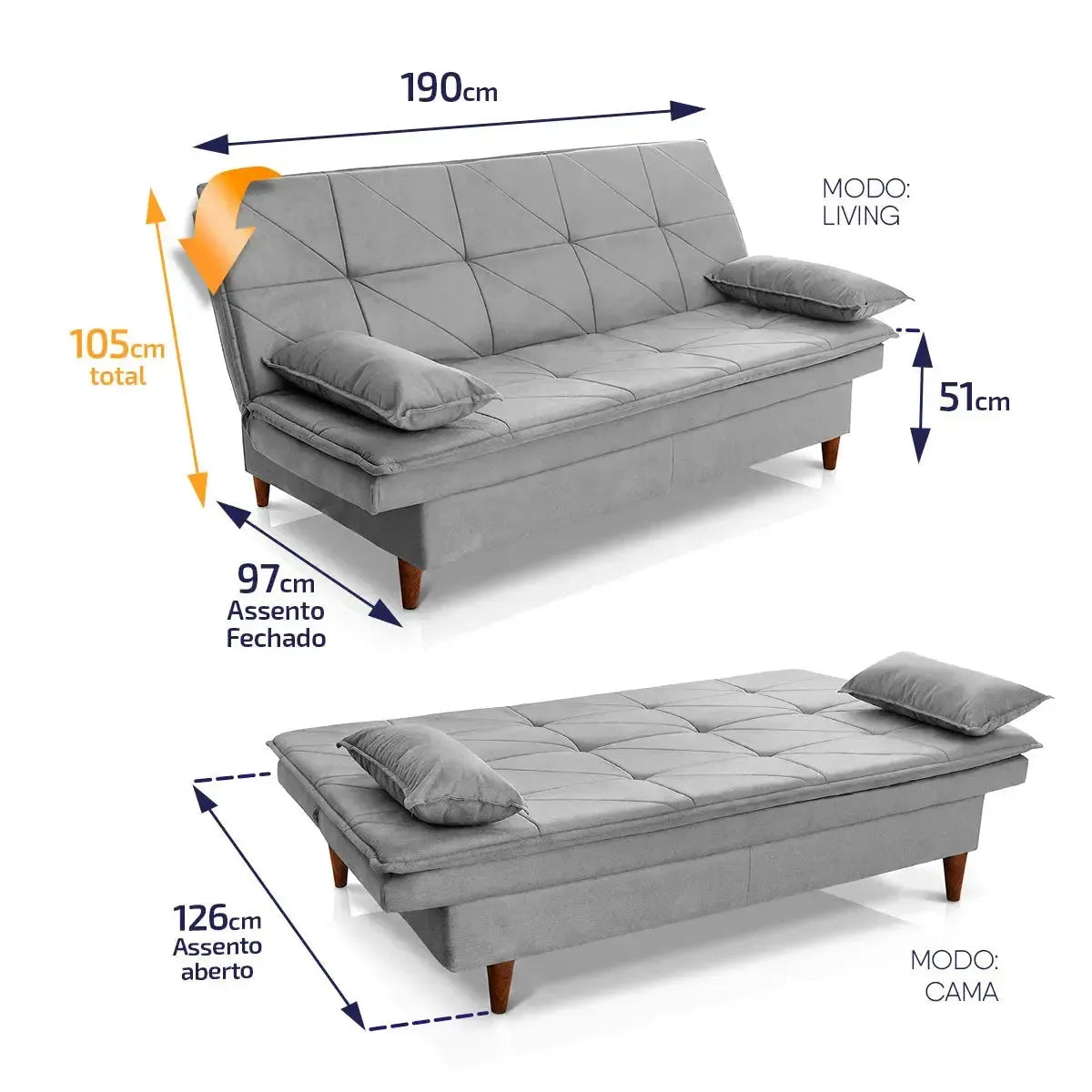 Sofá Cama Pérsia 3 Lugares Suede Velut Cinza