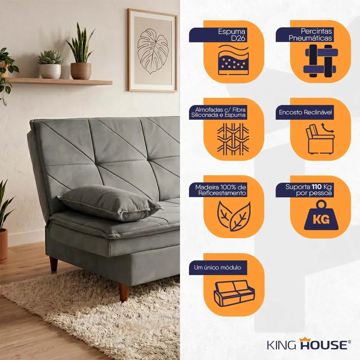 Sofá Cama Pérsia 3 Lugares Suede Velut Cinza