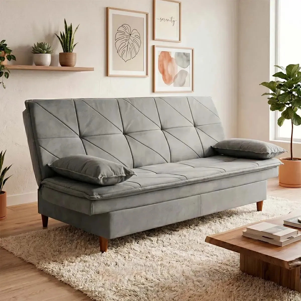 Sofá Cama Pérsia 3 Lugares Suede Velut Cinza