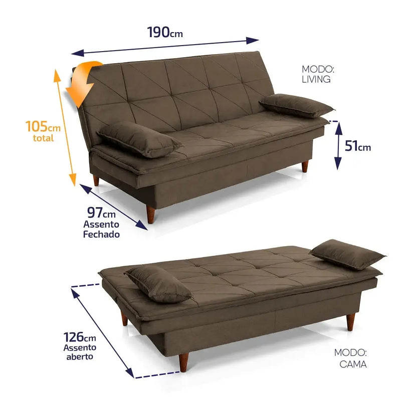 Sofá Cama Pérsia 3 Lugares Suede Velut Marrom