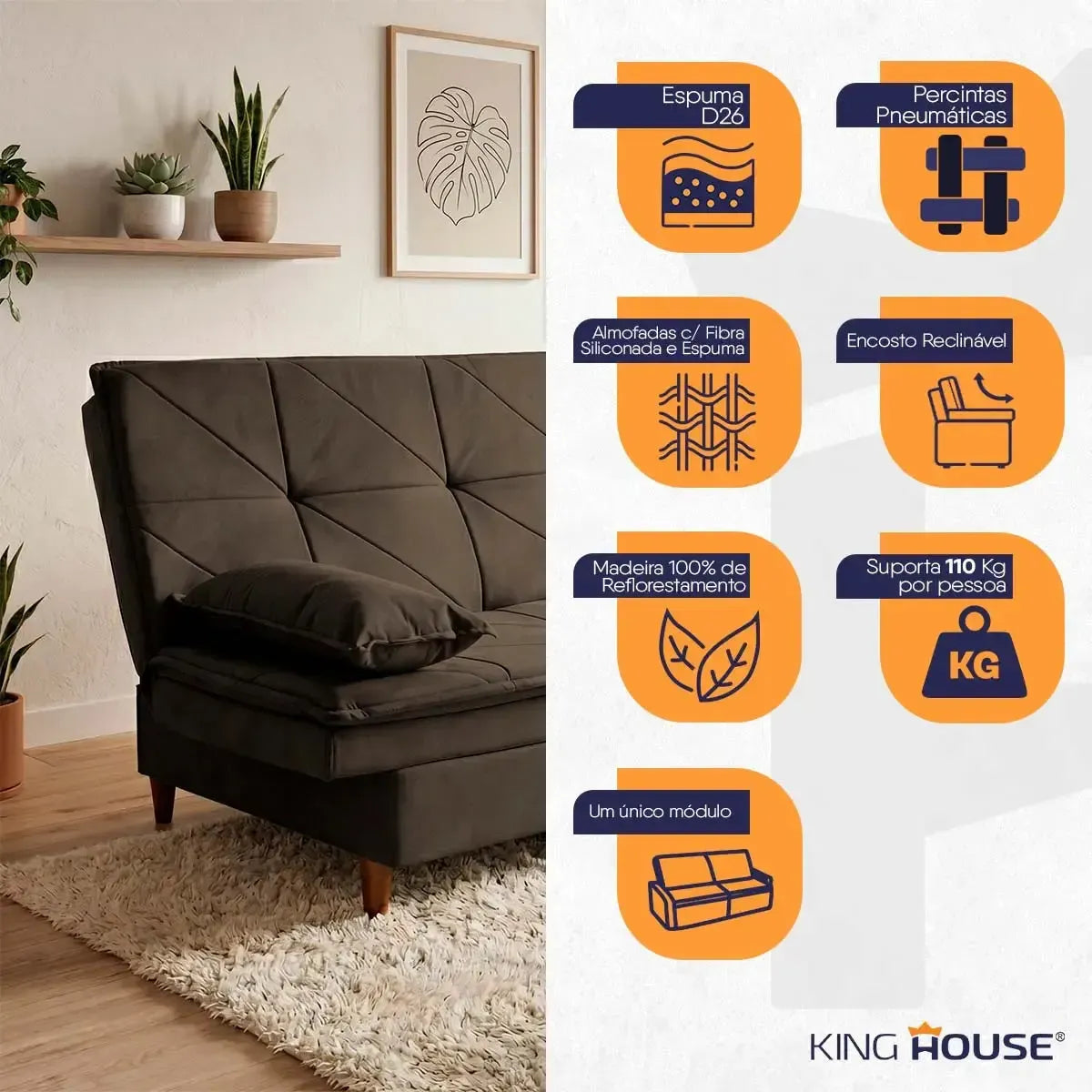 Sofá Cama Pérsia 3 Lugares Suede Velut Marrom