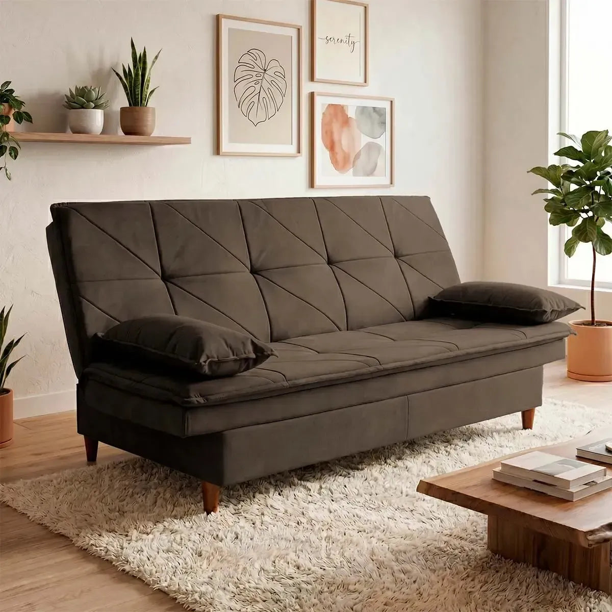 Sofá Cama Pérsia 3 Lugares Suede Velut Marrom