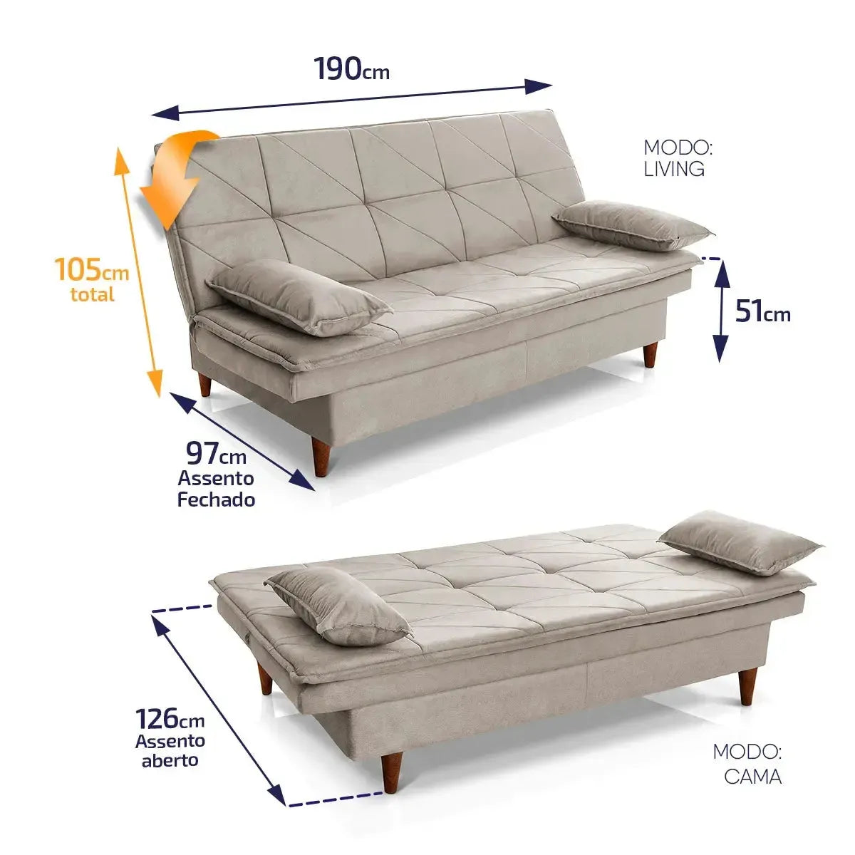 Sofá Cama Pérsia 3 Lugares Suede Velut Tabaco