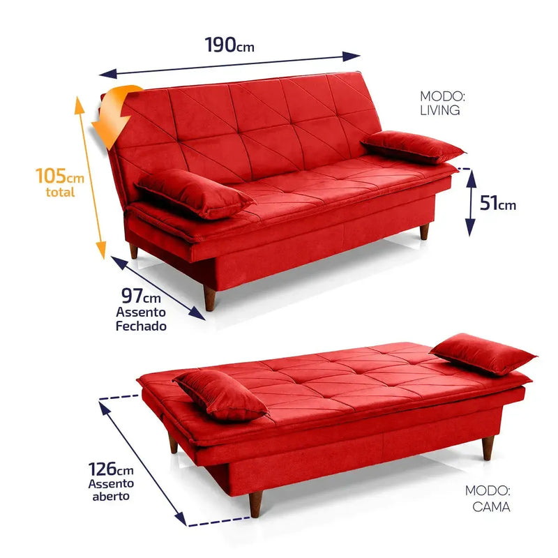 Sofá Cama Pérsia 3 Lugares Suede Velut Vermelho