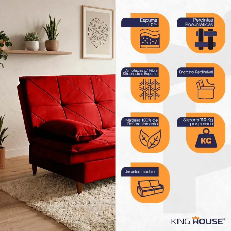 Sofá Cama Pérsia 3 Lugares Suede Velut Vermelho