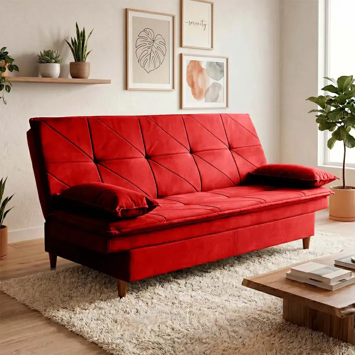 Sofá Cama Pérsia 3 Lugares Suede Velut Vermelho